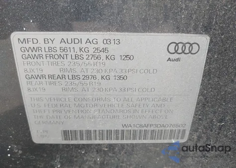 2013 Audi Q5 Hybrid 2.0T Prestige из США, поврежденный, VIN WA1C8AFP3DA076502